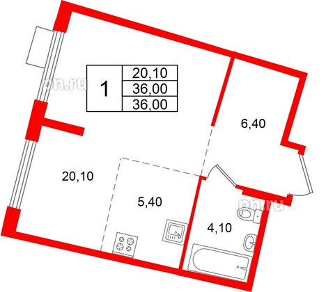 Квартира в ЖК «Ягодное Река Парк», 1 комнатная, 36 м², 3 этаж