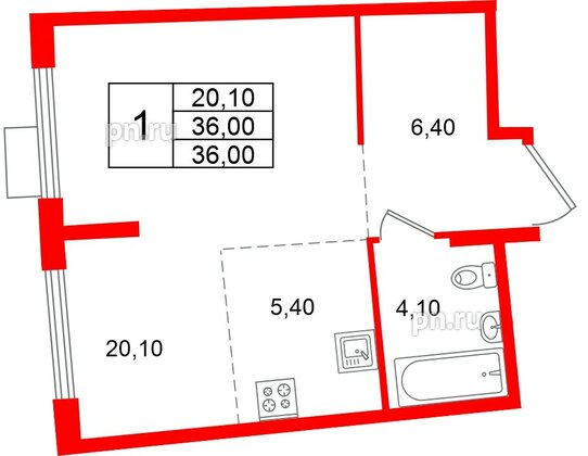 Квартира в ЖК «Ягодное Река Парк», 1 комнатная, 36 м², 10 этаж