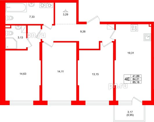 Квартира в ЖК Охтинские высоты, 3 комнатная, 85.16 м², 4 этаж