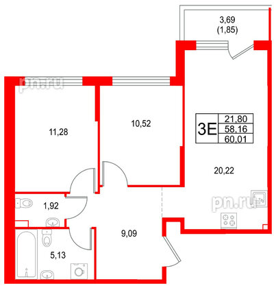 Квартира в ЖК Охтинские высоты, 2 комнатная, 60.01 м², 2 этаж