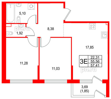 Квартира в ЖК Охтинские высоты, 2 комнатная, 57.41 м², 1 этаж