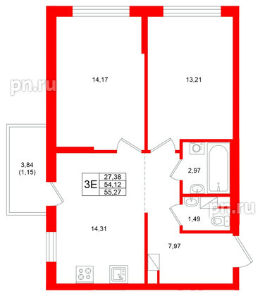 Квартира в ЖК Охтинские высоты, 2 комнатная, 55.27 м², 4 этаж