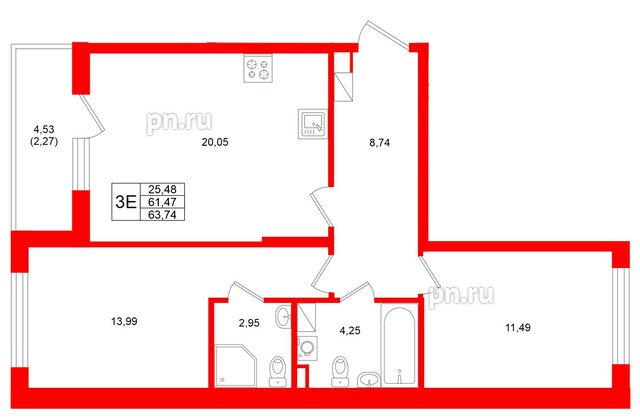 Квартира в ЖК Охтинские высоты, 2 комнатная, 63.74 м², 4 этаж