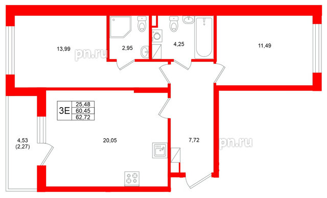 Квартира в ЖК Охтинские высоты, 2 комнатная, 62.72 м², 4 этаж