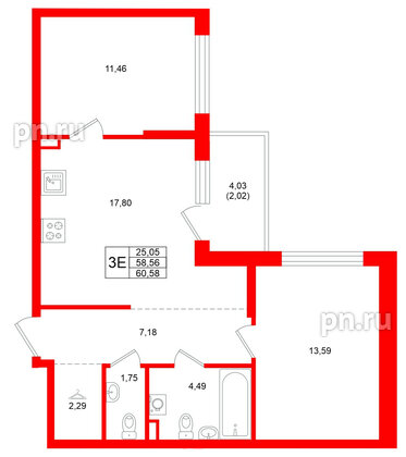 Квартира в ЖК Охтинские высоты, 2 комнатная, 60.58 м², 2 этаж