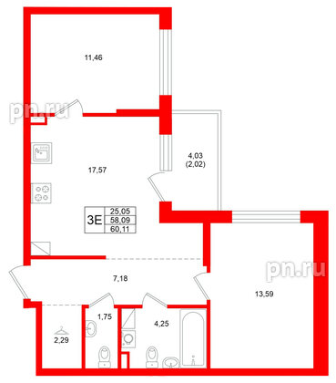 Квартира в ЖК Охтинские высоты, 2 комнатная, 60.11 м², 4 этаж