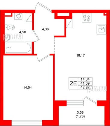 Квартира в ЖК «Охтинские высоты», 1 комнатная, 42.87 м², 4 этаж
