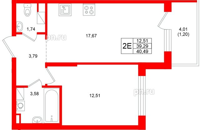 Квартира в ЖК «Охтинские высоты», 1 комнатная, 40.49 м², 4 этаж