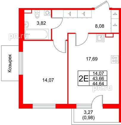 Квартира в ЖК «Лето», 1 комнатная, 44.64 м², 2 этаж