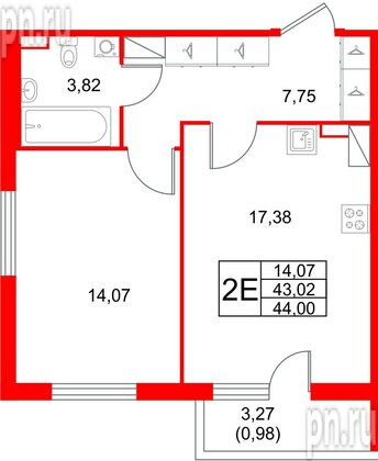 Квартира в ЖК «Лето», 1 комнатная, 44 м², 4 этаж