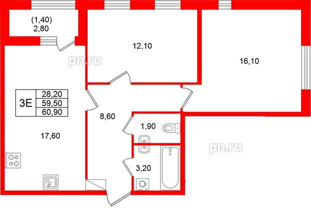 Квартира в ЖК «Лендлер», 2 комнатная, 60.9 м², 4 этаж