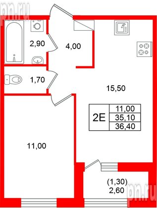 Квартира в ЖК «Лендлер», 1 комнатная, 36.4 м², 5 этаж