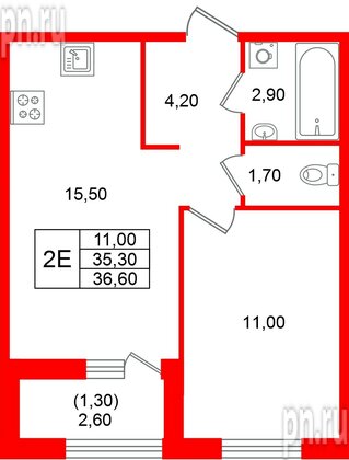 Квартира в ЖК «Лендлер», 1 комнатная, 36.6 м², 2 этаж