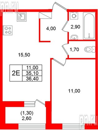 Квартира в ЖК «Лендлер», 1 комнатная, 36.4 м², 6 этаж