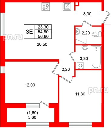 Квартира в ЖК «Лендлер», 2 комнатная, 56.6 м², 10 этаж