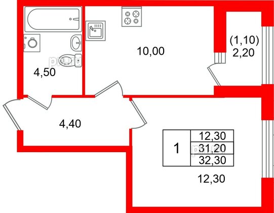 Квартира в ЖК «Лендлер», 1 комнатная, 32.3 м², 2 этаж