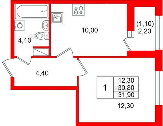 Квартира в ЖК «Лендлер», 1 комнатная, 31.9 м², 6 этаж