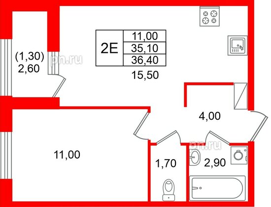 Квартира в ЖК «Лендлер», 1 комнатная, 36.4 м², 6 этаж
