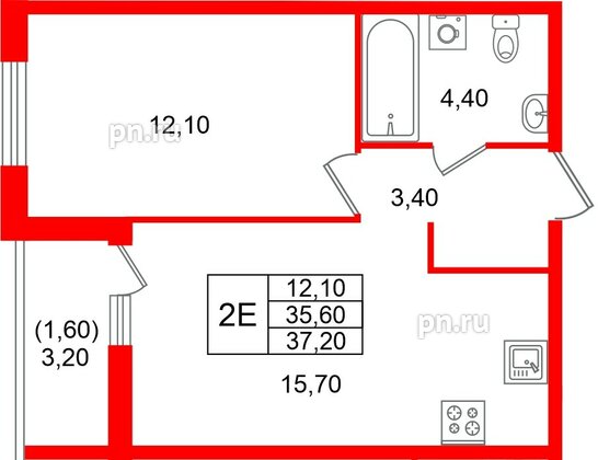 Квартира в ЖК «Лендлер», 1 комнатная, 37.2 м², 2 этаж