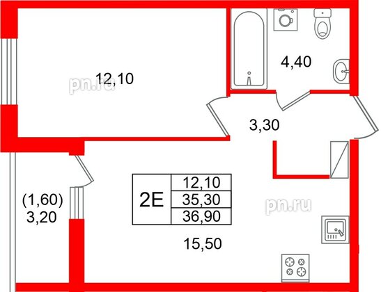 Квартира в ЖК «Лендлер», 1 комнатная, 36.9 м², 5 этаж