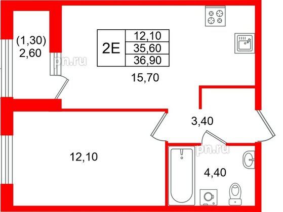 Квартира в ЖК «Лендлер», 1 комнатная, 36.9 м², 2 этаж