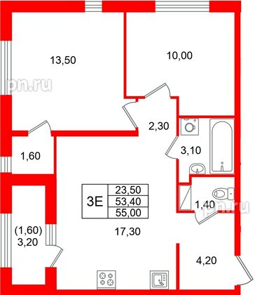 Квартира в ЖК «Лендлер», 2 комнатная, 55 м², 9 этаж