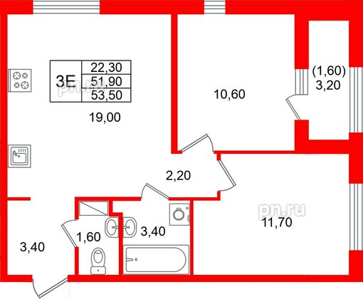 Квартира в ЖК «Лендлер», 2 комнатная, 53.5 м², 7 этаж