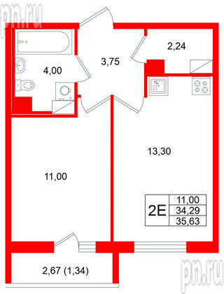 Квартира в ЖК Кинопарк, 1 комнатная, 35.63 м², 4 этаж