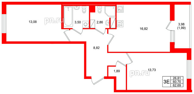 Квартира в ЖК Кинопарк, 2 комнатная, 62.69 м², 7 этаж