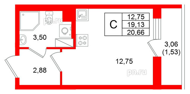 Квартира в ЖК Кинопарк, студия, 20.66 м², 3 этаж