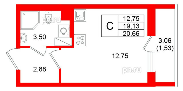 Квартира в ЖК Кинопарк, студия, 20.66 м², 6 этаж