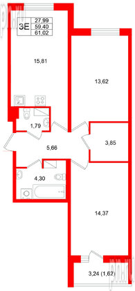 Квартира в ЖК Кинопарк, 2 комнатная, 61.02 м², 4 этаж