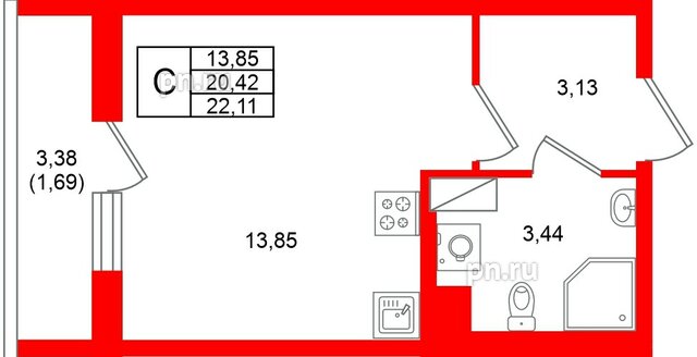 Квартира в ЖК «Кинопарк», студия, 22.11 м², 4 этаж