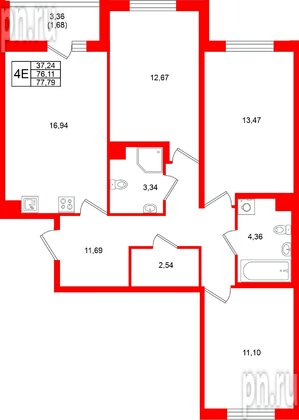 Квартира в ЖК Кинопарк, 3 комнатная, 77.79 м², 2 этаж