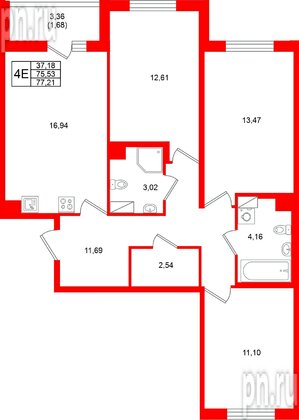 Квартира в ЖК Кинопарк, 3 комнатная, 77.21 м², 3 этаж