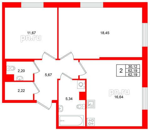 Квартира в ЖК Кинопарк, 2 комнатная, 62.19 м², 2 этаж
