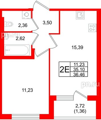Квартира в ЖК «Квартал Заречье», 1 комнатная, 36.46 м², 2 этаж