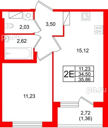 Квартира в ЖК «Квартал Заречье», 1 комнатная, 35.86 м², 5 этаж
