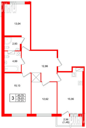 Квартира в ЖК Квартал Заречье, 3 комнатная, 77.71 м², 5 этаж