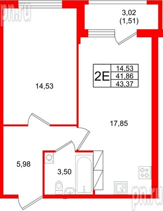Квартира в ЖК «Квартал Заречье», 1 комнатная, 43.37 м², 3 этаж