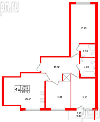 Квартира в ЖК Квартал Заречье, 3 комнатная, 80.75 м², 2 этаж