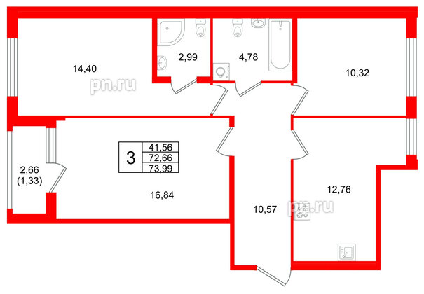 Квартира в ЖК Квартал Заречье, 3 комнатная, 73.99 м², 2 этаж
