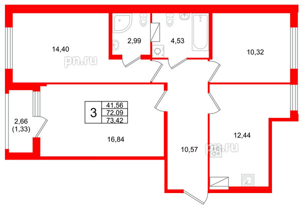 Квартира в ЖК Квартал Заречье, 3 комнатная, 73.42 м², 3 этаж