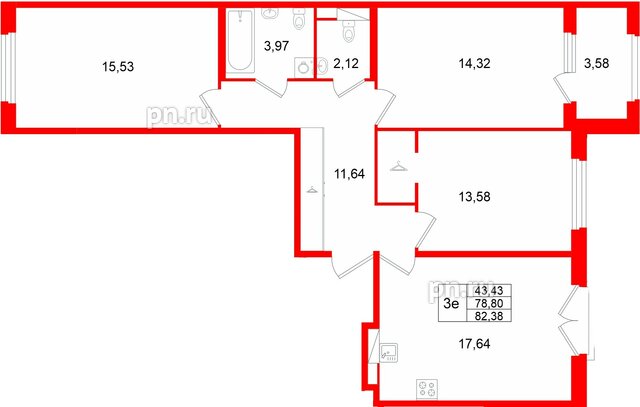 Квартира в ЖК «Дубровский», 3 комнатная, 82.38 м², 4 этаж