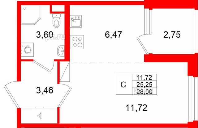 Квартира в ЖК «Дубровский», студия, 28 м², 3 этаж