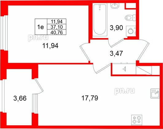 Квартира в ЖК Дубровский, 1 комнатная, 40.76 м², 3 этаж