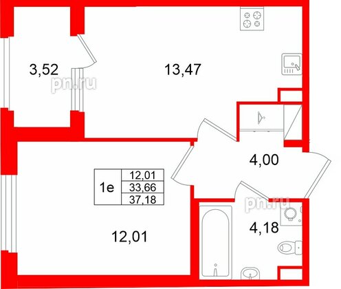 Квартира в ЖК Дубровский, 1 комнатная, 37.18 м², 2 этаж