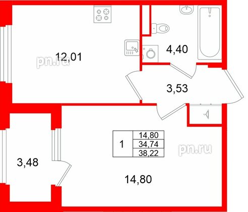 Квартира в ЖК Дубровский, 1 комнатная, 38.22 м², 1 этаж