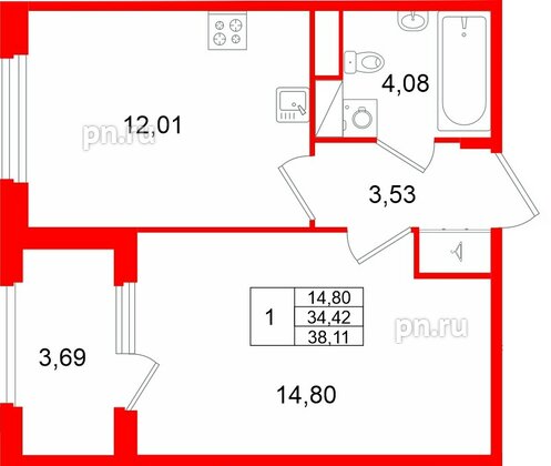 Квартира в ЖК Дубровский, 1 комнатная, 38.11 м², 2 этаж