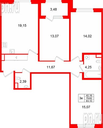 Квартира в ЖК Дубровский, 3 комнатная, 83.1 м², 1 этаж